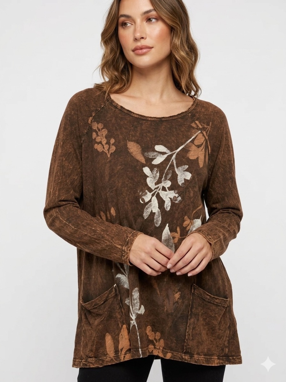 Jess & Jane Verde Tunic Top Cotton Mineral Wash Pockets Brown Boho Chic